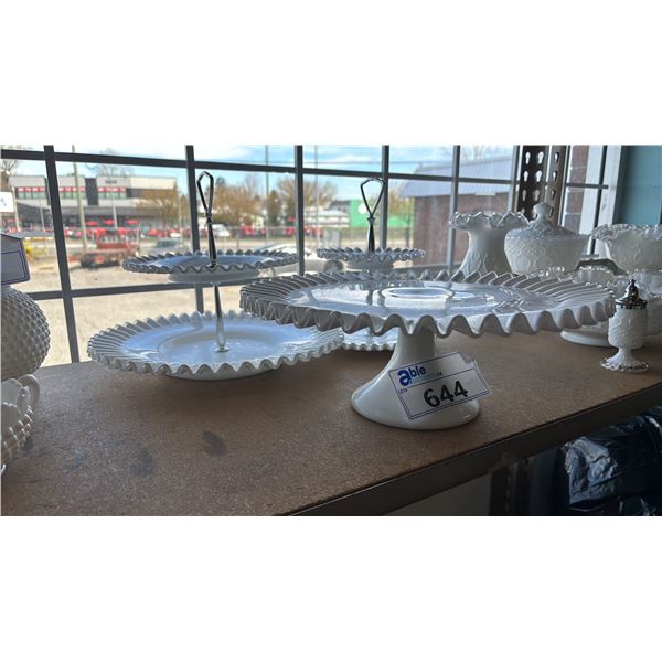 VINTAGE FENTON MILK GLASS CAKE STAND & PAIR OF VINTAGE FENTON 2-TIER DESSERT STANDS