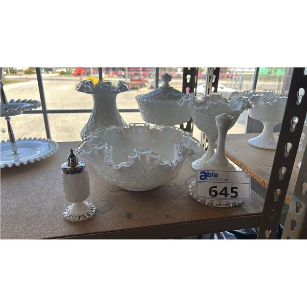 (6) PIECES OF VINTAGE FENTON SILVER CREST MILK GLASS WITH THE SPANISH LACE PATTERN
