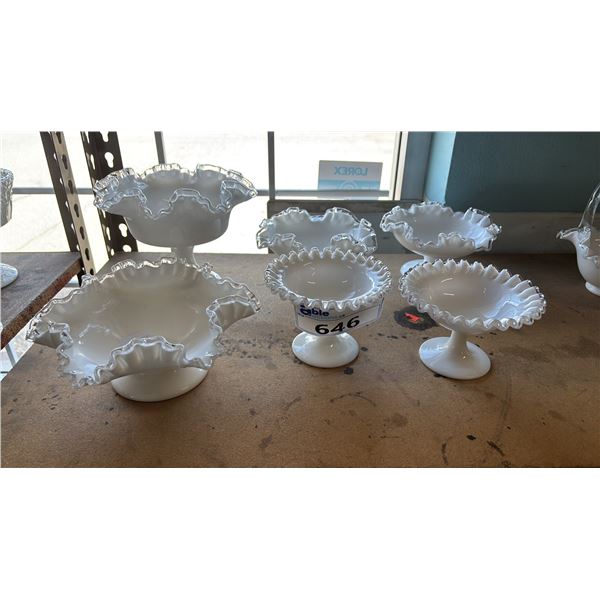 (6) VINTAGE FENTON SILVER CREST MILK GLASS PEDESTAL DISHES