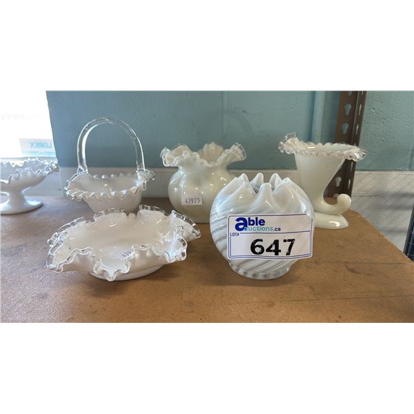 VINTAGE FENTON SPIRAL OPTIC ROSE BOWL & 4 PIECES OF VINTAGE FENTON SILVER CREST MILK GLASS