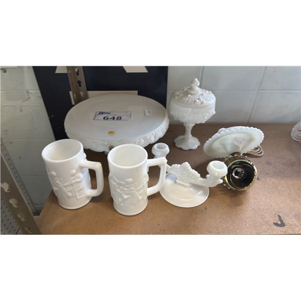 (5) PIECES OF VINTAGE MILK GLASS & A MILK GLASS WALL LIGHT: FENTON CAKE STAND, FENTON LIDDED COMPOTE