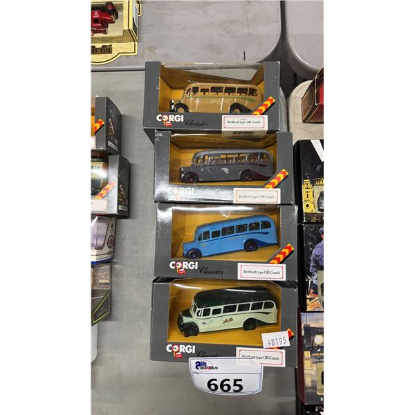 (4) ASSORTED CORGI DIECAST SCALE MODEL BEDFORD TYPE OB COACHES