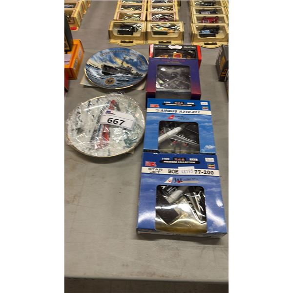 (4) ASSORTED DIECAST SCALE MODEL VEHICLES & (2) DECORATIVE COLLECTOR PLATES