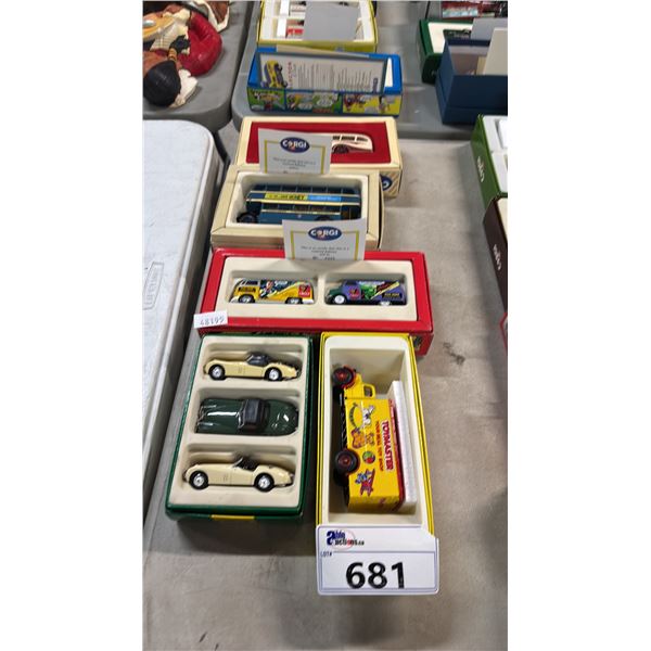 (3) CORGI DIECAST SCALE MODEL BUSES & TRUCK 7 (2) CORGIE DIECAST SCALE MODEL VEHICLE SETS