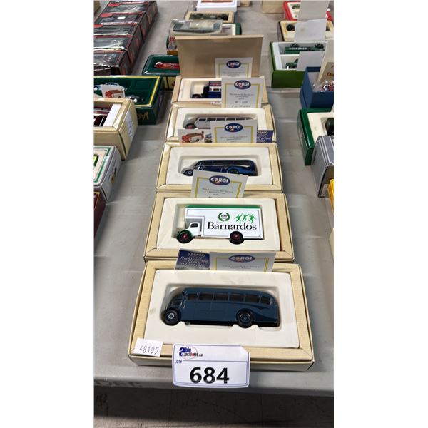 (5) ASSORTED CORGI DIECAST SCALE MODEL BUSES & TRUCKS