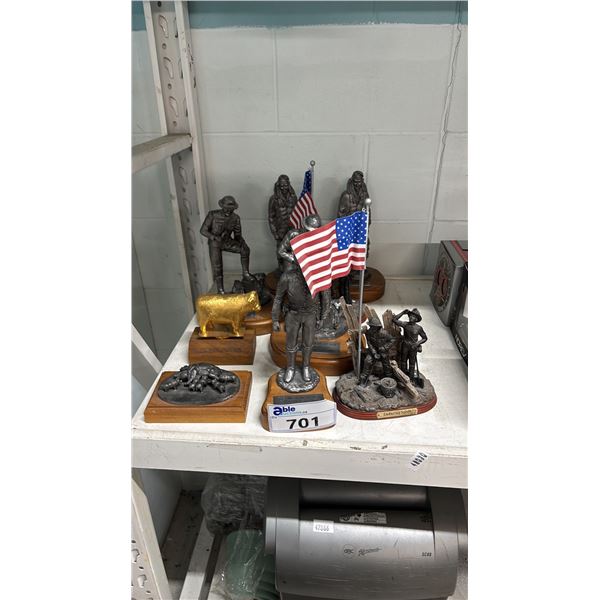 SHELF OF ASSORTED STATUES: MANY ARE SIGNED & NUMBERED PEWTER MILITARY FIGURES BY M.A. KICKER