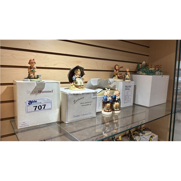 SHELF OF ASSORTED GOEBEL PORCELAIN FIGURINES WITH BOXES: INCLUDES A HUMMELSCAPE DISPLAY STAND
