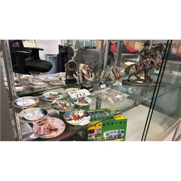 (8) ASSORTED 3.5" DIA. COLLECTOR PLATES, FLINT ARROWHEADS, GERONIMO ON HORSEBACK STATUE & MORE
