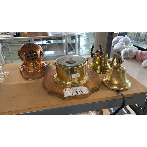SCHATZ BRASS BAROMETER, (2) BRASS SHIP'S BELLS & DECORATIVE MINIATURE BRASS & COPPER DIVING HELMET