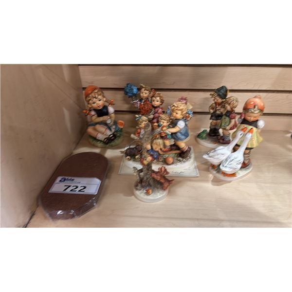 (6) ASSORTED GOEBEL PORCELAIN FIGURINES & A WOOD DISPLAY STAND