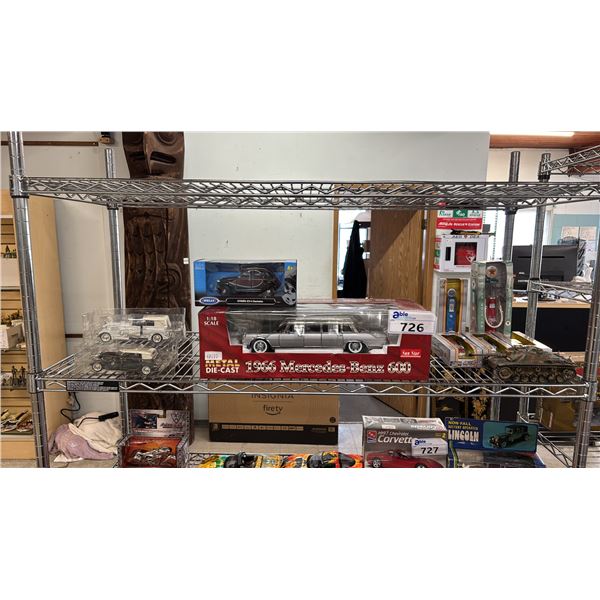 SHELF OF ASSORTED DIECAST SCALE MODEL VEHICLES & MINIATURE GAS PUMP MODELS