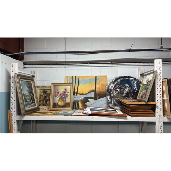 SHELF OF ASSORTED FRAMED & UNFRAMED ARTWORK