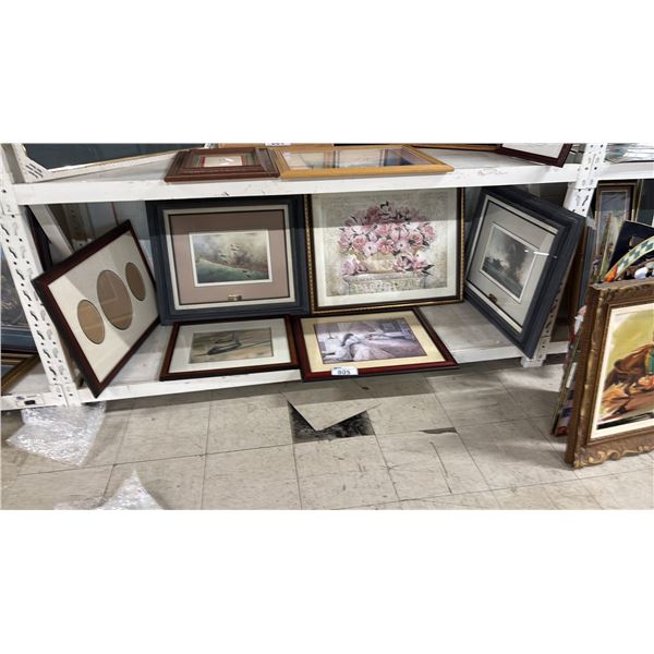 SHELF OF ASSORTED FRAMED PRINTS & A FRAME WITH MATTING CUT FOR 3 PICTURES