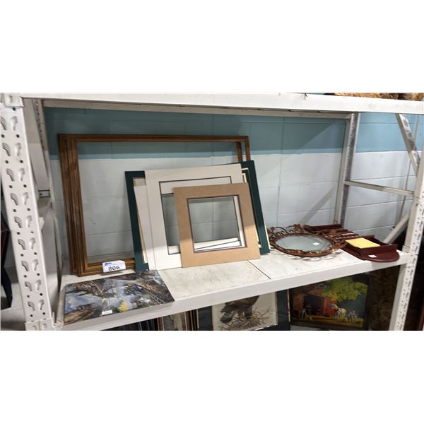 SHELF OF ASSORTED FRAMES, MATTING, WOOD WALL CALENDAR, FRAMED ROUND MIRROR & TRAIN PRINT