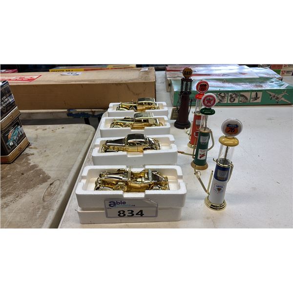 (3) ASSORTED PLASTIC SCALE MODEL CARS & (4) MINIATURE GAS PUMP MODELS