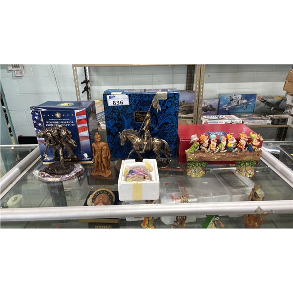 (3) ASSORTED COLLECTIBLE MILITARY STATUETTES, DISNEY "THE SEVEN DWARVES" FIGURINE & MORE