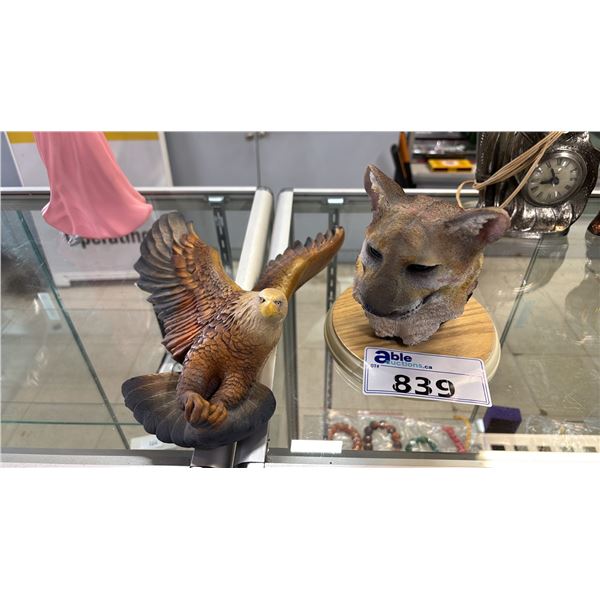 CHALKWARE EAGLE & DECORATIVE COUGAR HEAD SCULPTURE