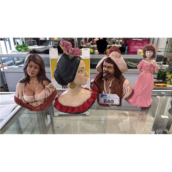 CHALKWARE SPANISH LADY BUST, HOLLAND MOLD CERAMIC BUCANEER & GYPSY BUSTS & PAINTED CERAMIC FIGURE