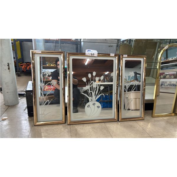 VINTAGE SET OF FRAMED ETCHED GLASS WALL MIRRORS