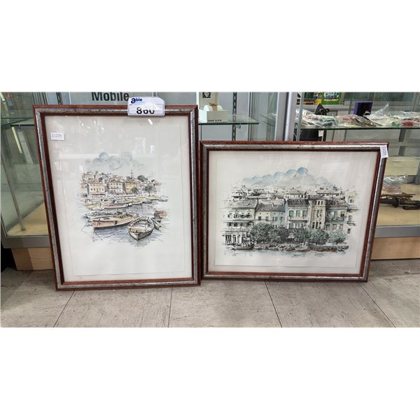 (2) FRAMED ORIGINAL WATERCOLOUR & INK PAINTINGS: STAMPED IN LOWER RIGHT CORNER
