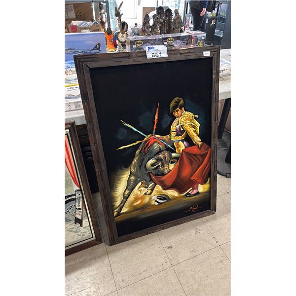 VINTAGE FRAMED VELVET MATADOR BULLFIGHT PAINTING (DETACHED FROM FRAME)
