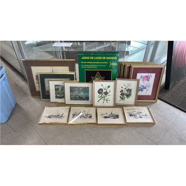 TOTE OF ASSORTED FRAMED ART & AN ILLUMINATED CHRISTMAS STAR