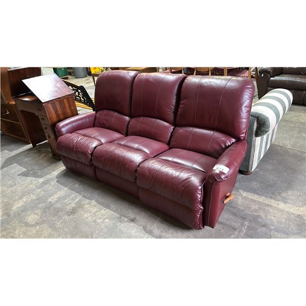 DEEP RED LEATHER LA-Z-BOY SOFA WITH RECLINING SEATS ON EACH END