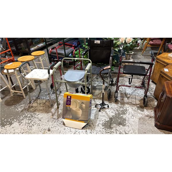 WALKERS, WHEELCHAIR, SHOWER SEAT, COMMODE CHAIR, CANE WITH QUAD BASE & RAISED TOILET SEAT