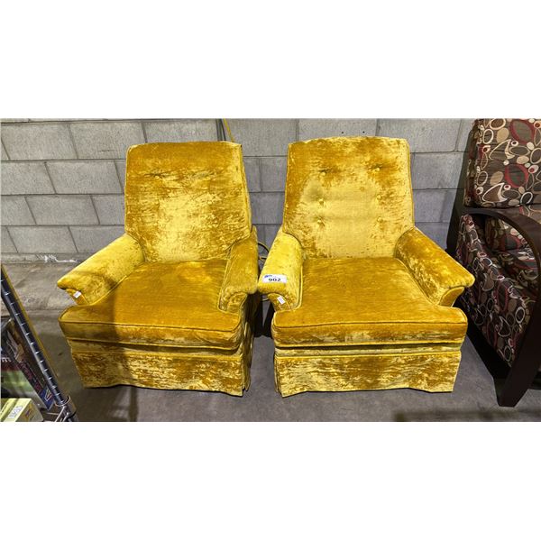 VINTAGE PAIR OF YELLOW CRUSHED VELVET UPHOLSTERED ARMCHAIRS