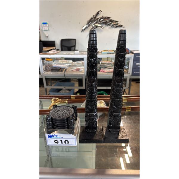 (2) CARVED REPLICA FIRST NATIONS 14" TOTEM POLES & A SET OF FIRST NATIONS FROG COASTERS