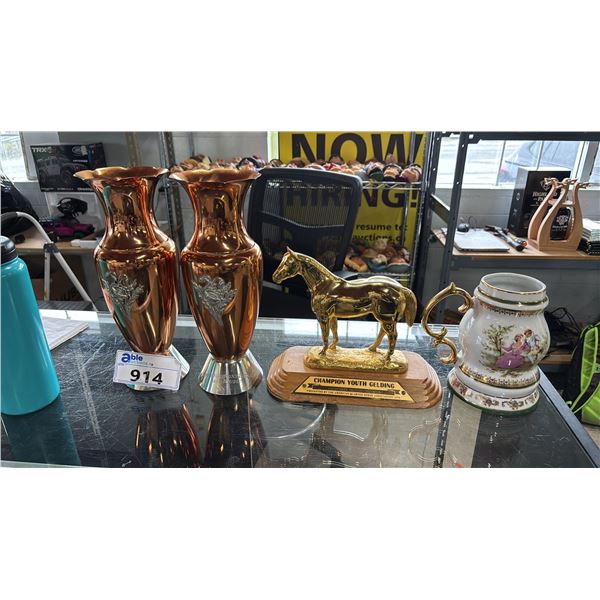VINTAGE POLISH STEIN, CHAMPION YOUTH GELDING TROPHIE & PAIR OF VINTAGE VASES (1 WITH INSCRIPTION)