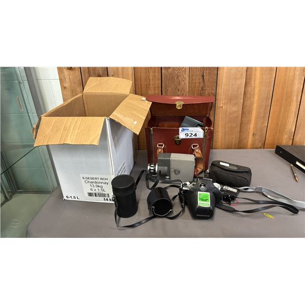 VINTAGE ELMO 8S VIDEO CAMERA W/CASE, 2 VINTAGE FILM CAMERAS, 2 VINTAGE LENSES & MORE