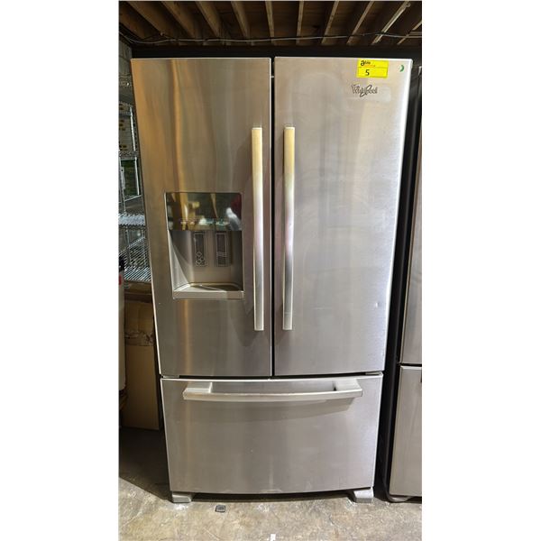 WHIRLPOOL STAINLESS STEEL FRENCH DOOR FRIDGE WITH ROLLOUT FREEZER & WATER/ICE DISPENSER 36"W