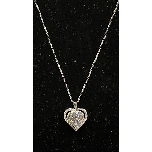 *NEW* .925 SILVER 3CT SIMULATED DIAMOND (CZ) HEART HALO NECKLACE: 16" - 18" LONG