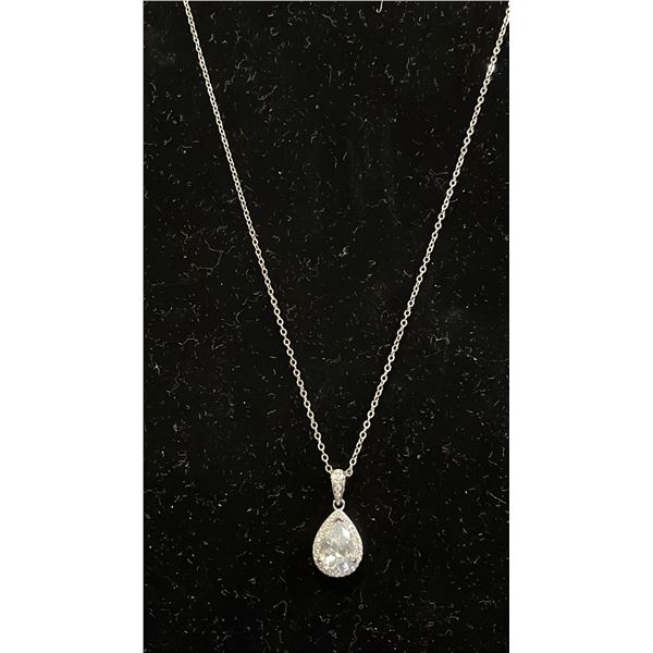 *NEW* STERLING SILVER 2CT PEAR CUT SIMULATED DIAMOND (CZ) HALO NECKLACE: 16" - 18" LONG