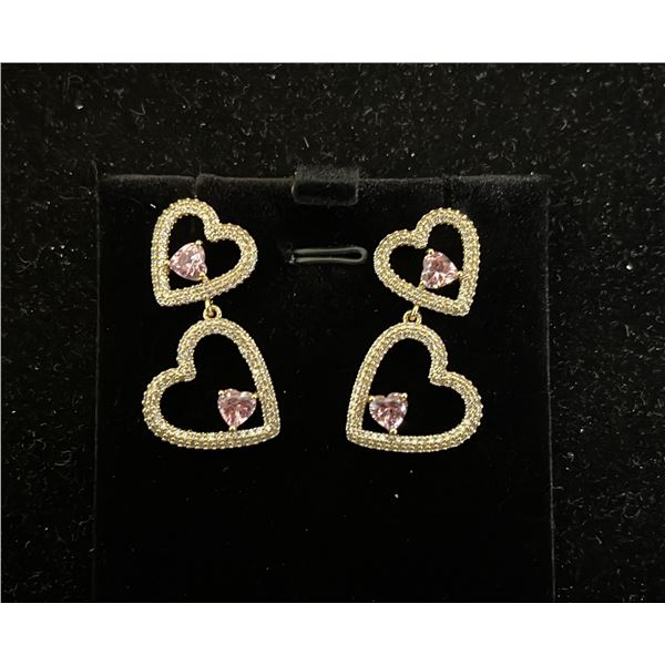 *NEW* 14K GOLD PLATED 1 CTW HEART CUT PINK SIMULATED DIAMOND (CZ) HEART DANGLE EARRINGS