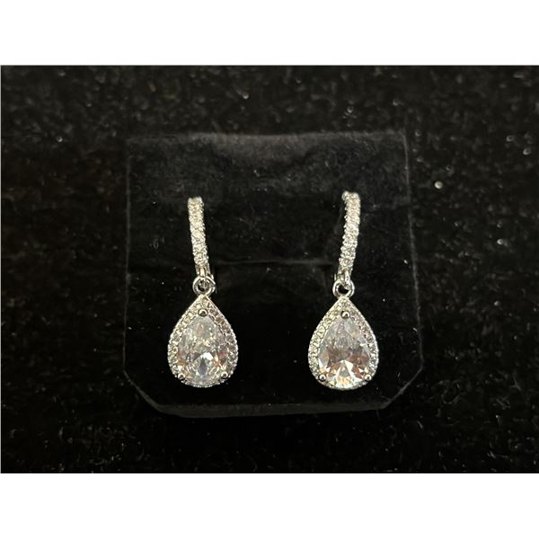 *NEW* .925 SILVER PEAR CUT SIMULATED DIAMOND (CZ) HALO DANGLE EARRINGS: 2CT EACH EARRING