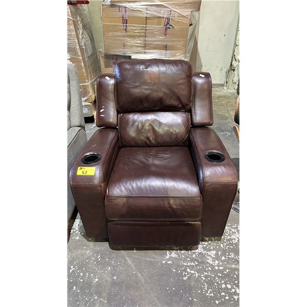 LEATHER ELECTRIC RECLINER (MISSING PARTIAL POWER CORD, UNKNOWN WORKING CONDITION)