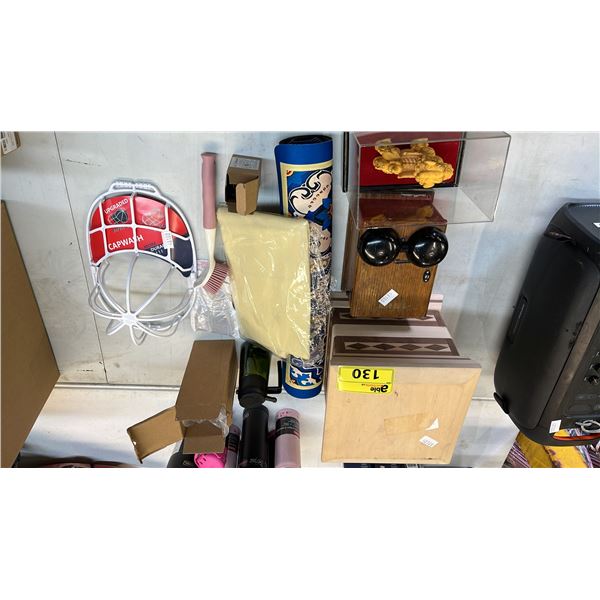 ASSORTED ITEMS INCLUDING; HOME DECOR, VINTAGE ALARM BELL, HAT WASHING CASE & MORE