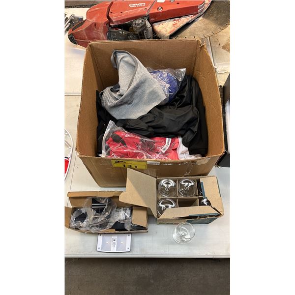 ASSORTED ITEMS INCLUDING; CLOTHING, SOLAR POWERED LIGHTS & BRANDY GLASSES