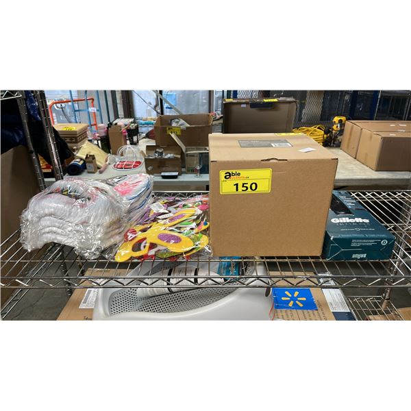 ASSORTED ITEMS INCLUDING; EASTER MASKS, RAXIAL SERIES ROOF FAN FOR INLINE DUCT & GILLETE INTIMATE
