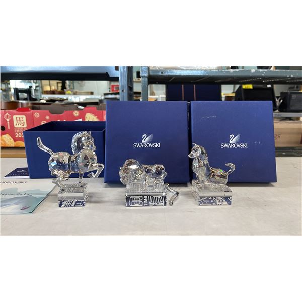 (3) SWAROVSKI FIGURINES WITH BOXES: TIGER (BROKEN TAIL), DOG & HORSE