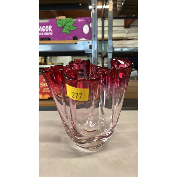 VINTAGE CHALET GLASS PINK TO CLEAR HANDKERCHIEF VASE