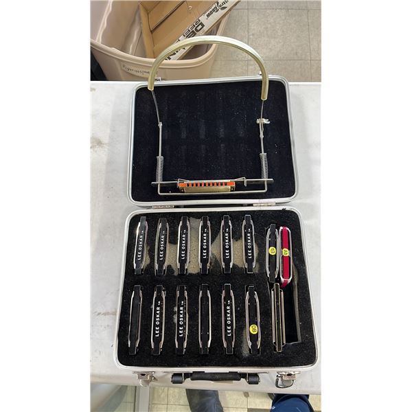 CASE OF LEE OSKAR & HOHNER HARMONICAS IN ASSORTED KEYS & HARMONICA NECK STAND
