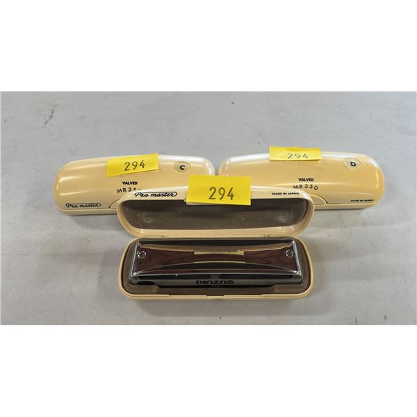 (3) SUZUKI MR350 PRO MASTER HARMONICAS IN KEYS C, D & E