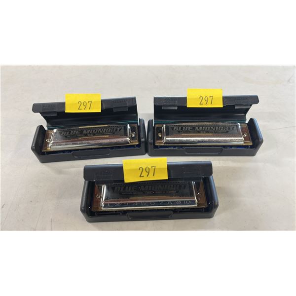 (3) HONHER BLUE MIDNIGHT HARPS IN CASES: KEYS A, E & GF