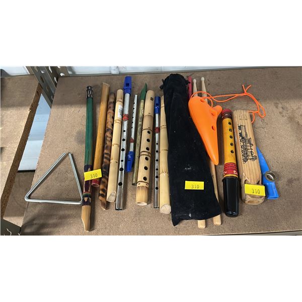 COLLECTION OF ASSORTED RECORDERS, PENNY FLUTES, REED FLUTES, OCARINA, TRAIN WHISTLE & MORE