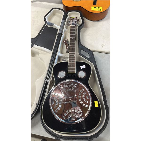 REGAL DOBRO GUITAR IN CASE: COVER PLATE NEEDS TO BE ATTACHED, HAS STRINGS, BUT IS NOT STRUNG