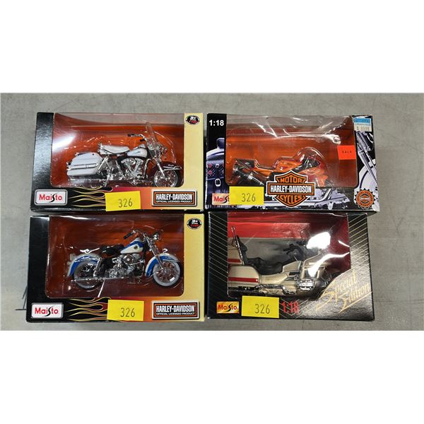 (4) ASSORTED DIECAST 1:18 SCALE MODEL HARLEY DAVIDSON MOTORCYCLES