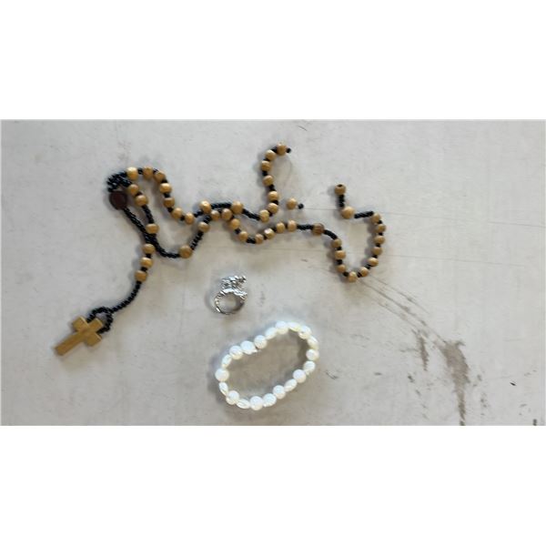 SILVER TONE ADJUSTABLE DRAGON RING, WOOD BEAD ROSARY & FAUX PEARL BRACELET